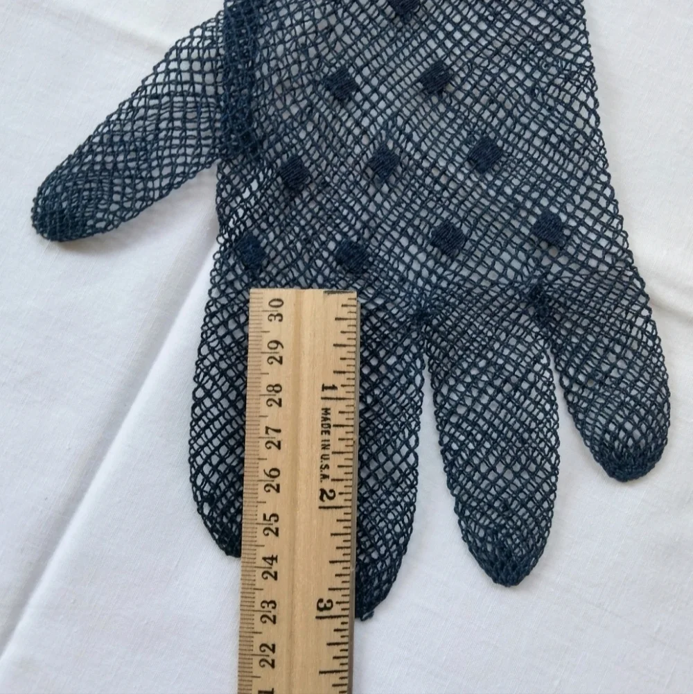 VTG Elegant Navy Blue Fishnet Lace Mesh Crochet Gloves w/ Embroidered Squares